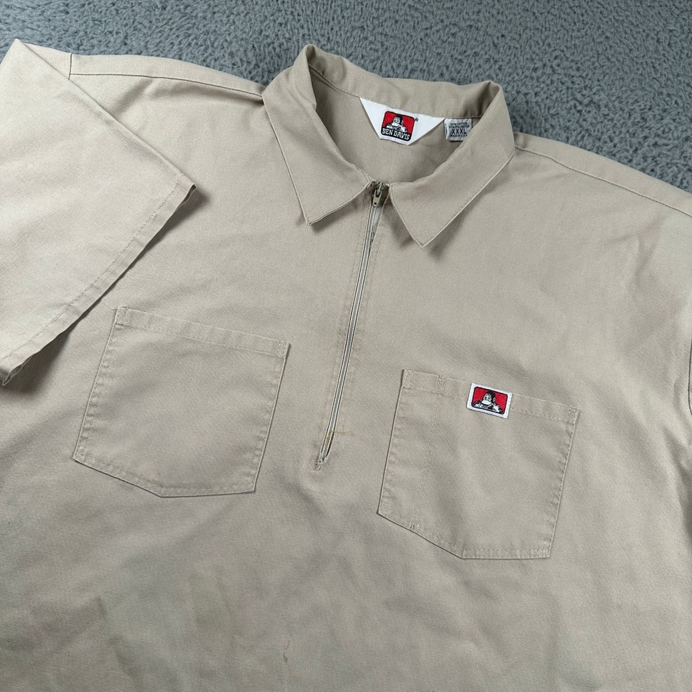 Ben Davis Mens XXXL Short Sleeve‎ Work Shirt Half Zip Beige Cotton Blend